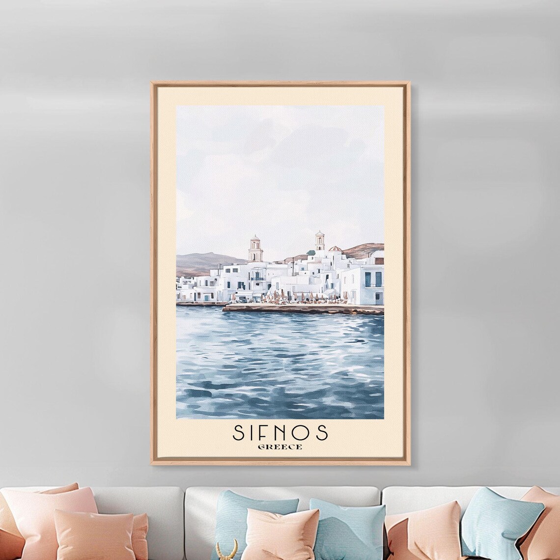 Sifnos Greece Whitewashed Port Town Twin Bell Towers Aegean View Poster - Image 2