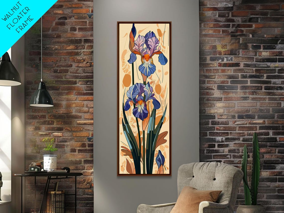 Blue Iris Flowers Orange Center Vintage Botanical Art Poster