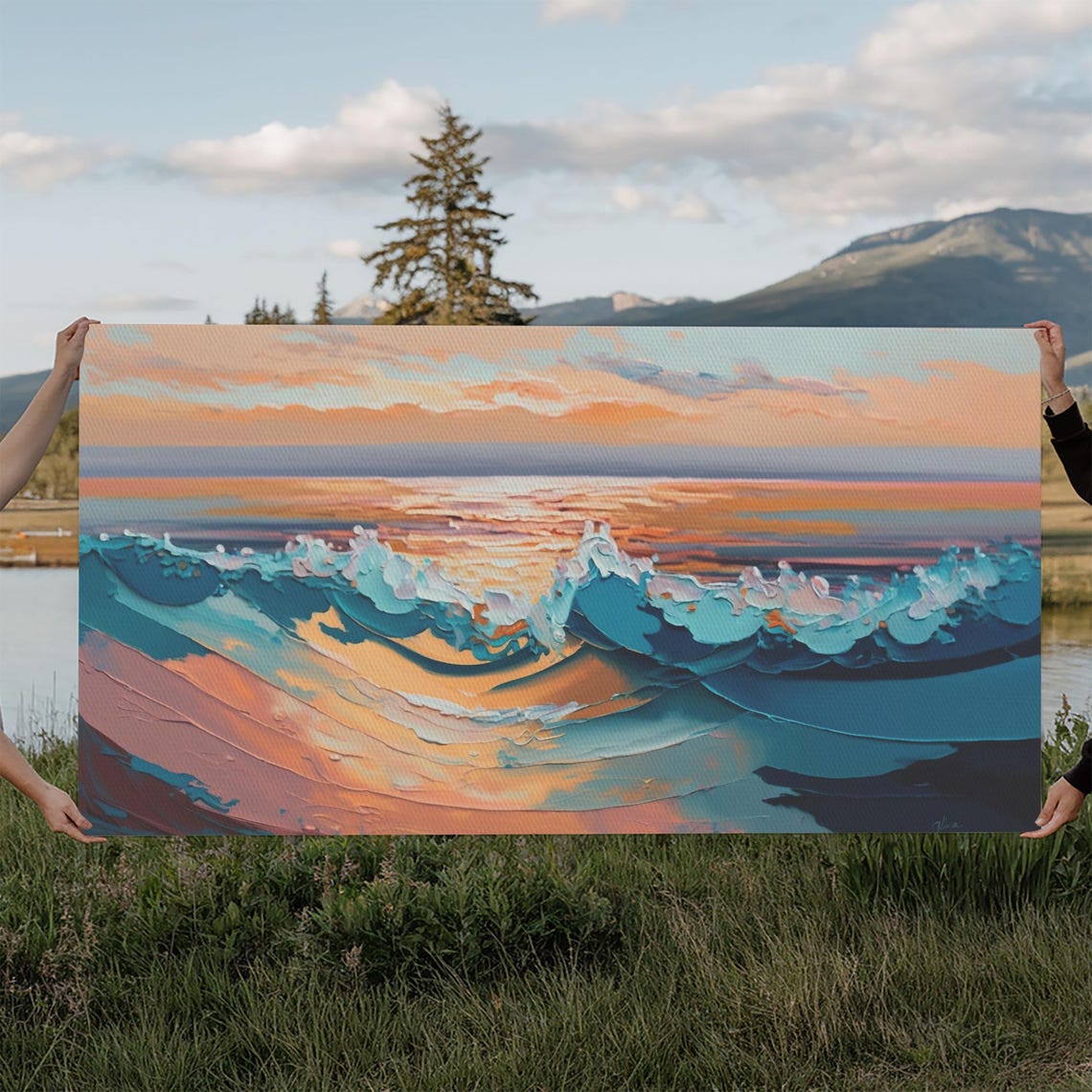 Ocean Sunset Waves Teal Foam Peach Sky Impasto Seascape Wall Poster