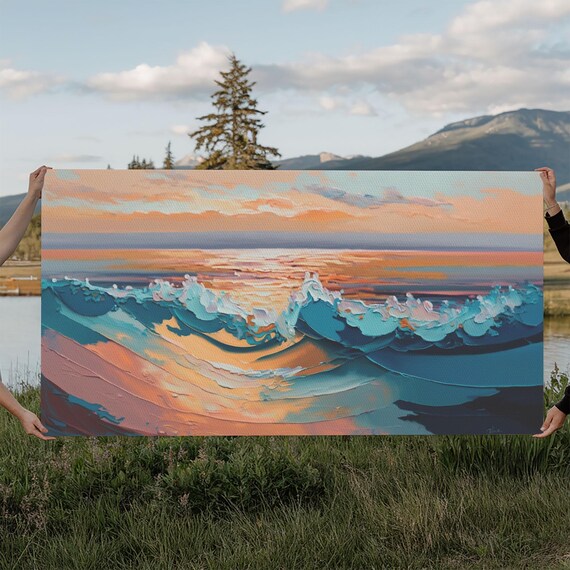Ocean Sunset Waves Teal Foam Peach Sky Impasto Seascape Wall Poster