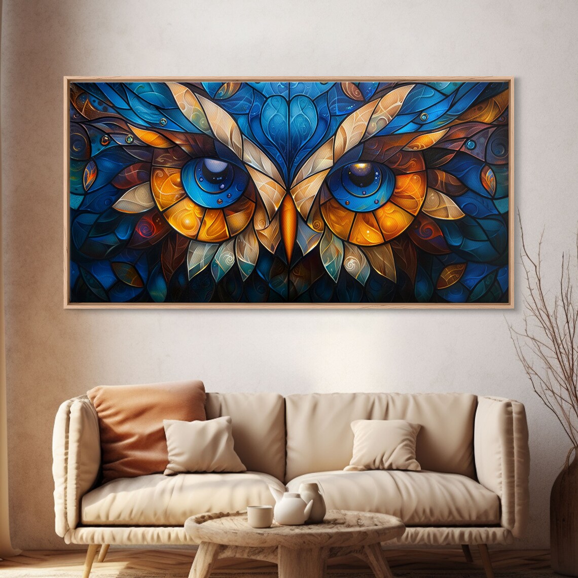 Stained Glass Owl Eyes Close Up Blue Gold Mosaic Face Art Poster - Image 4