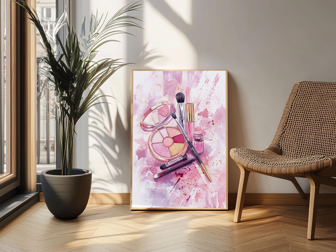 Pink Makeup Set Eyeshadow Brushes Watercolor Art Print Vanity Wall Poster - Image 6