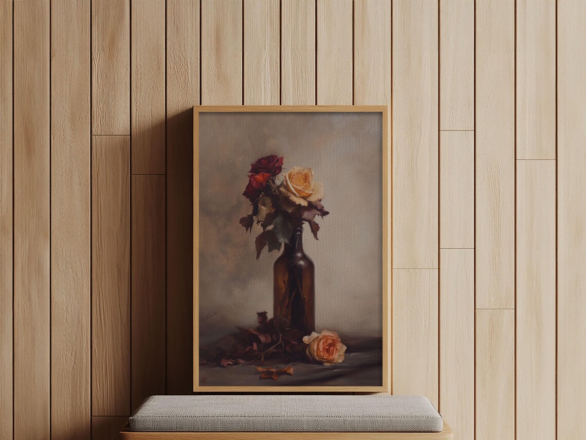 Roses In A Wine Bottle Oil Painting Print Still Life Of Roses Rose Painting Rose Art Moody Decor Subdued Art - Image 4