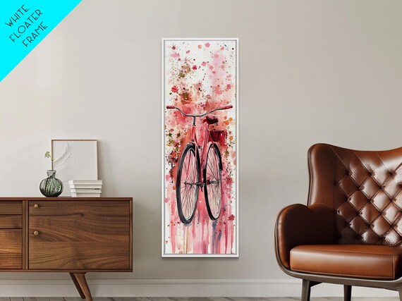 Bicycle Art Print Retro Pink Wall Art Long Narrow Vintage Style Above Couch Gift Idea Light Pink Minimalist Wabi Sabi Art