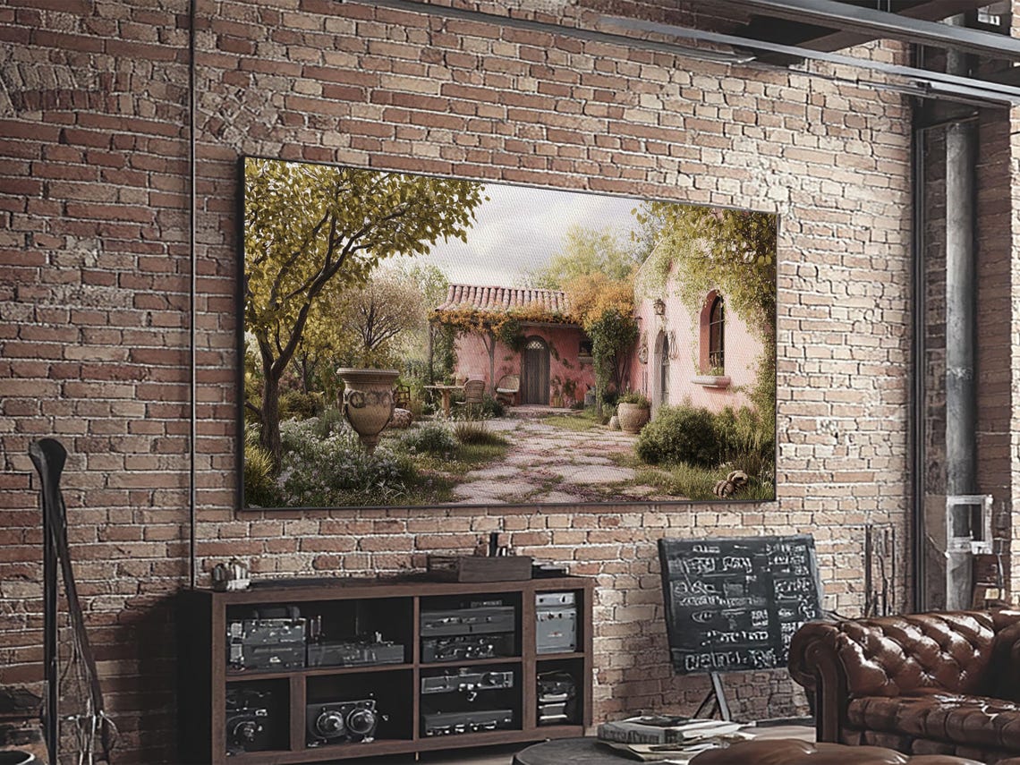 Mediterranean Pink Villa Courtyard Garden Stone Path Art Poster - Image 6