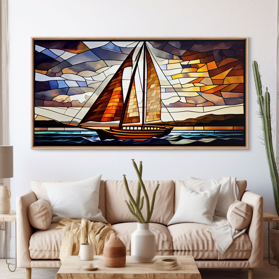Art Deco Stained Glass Sailing Ship Golden Sails Ocean Wave Art Poster - Image 3