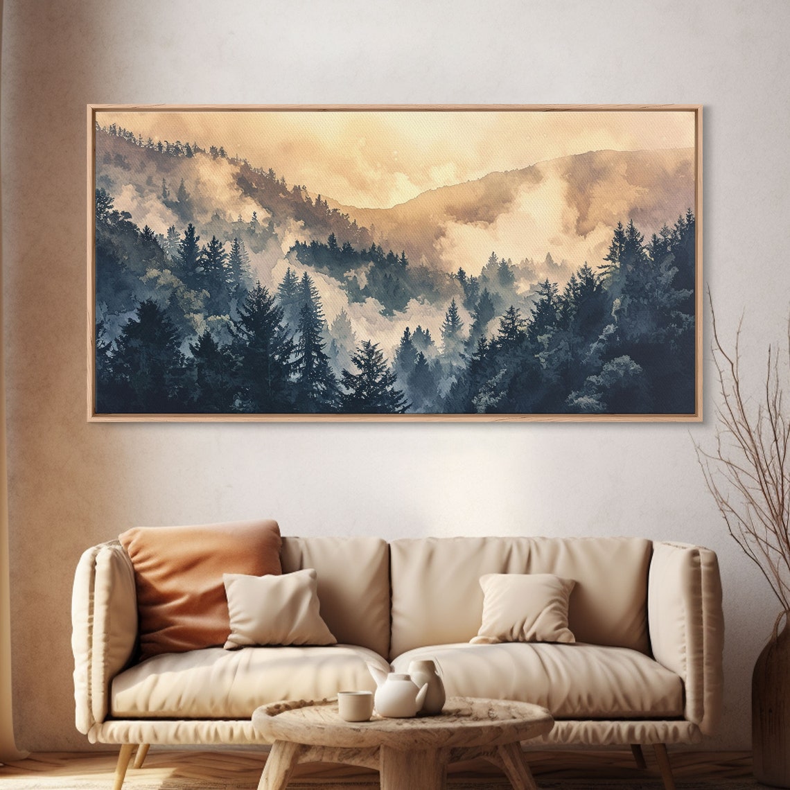 Misty Pine Forest Mountain Golden Sunrise Watercolor Art Poster - Image 4