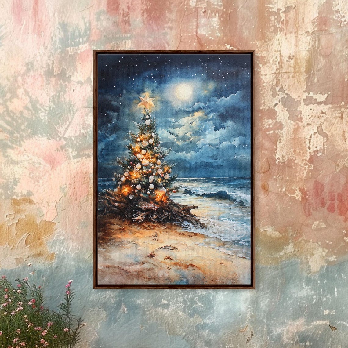 Christmas Tree Beach Night Moonlight Ornaments Watercolor Wall Art - Image 2