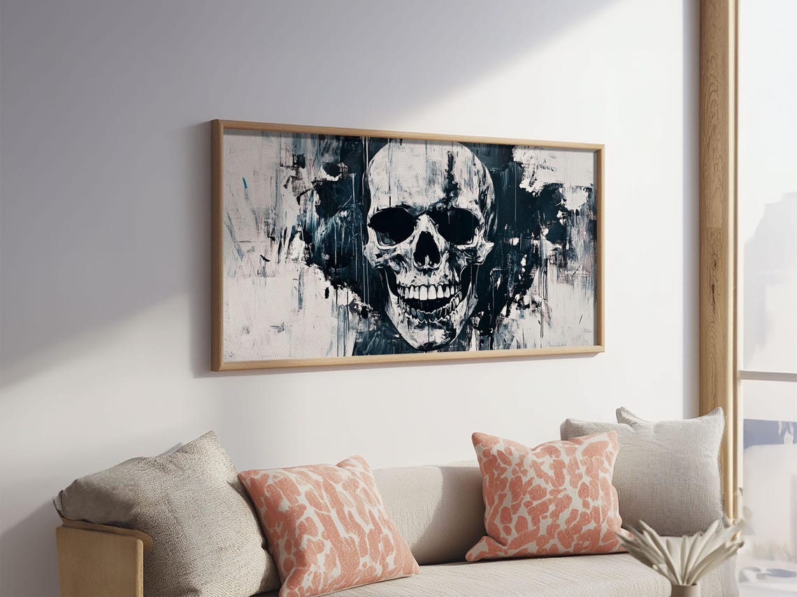 Black And White Skull Grunge Drips Bold Gothic Wall Art Print Poster - Image 2
