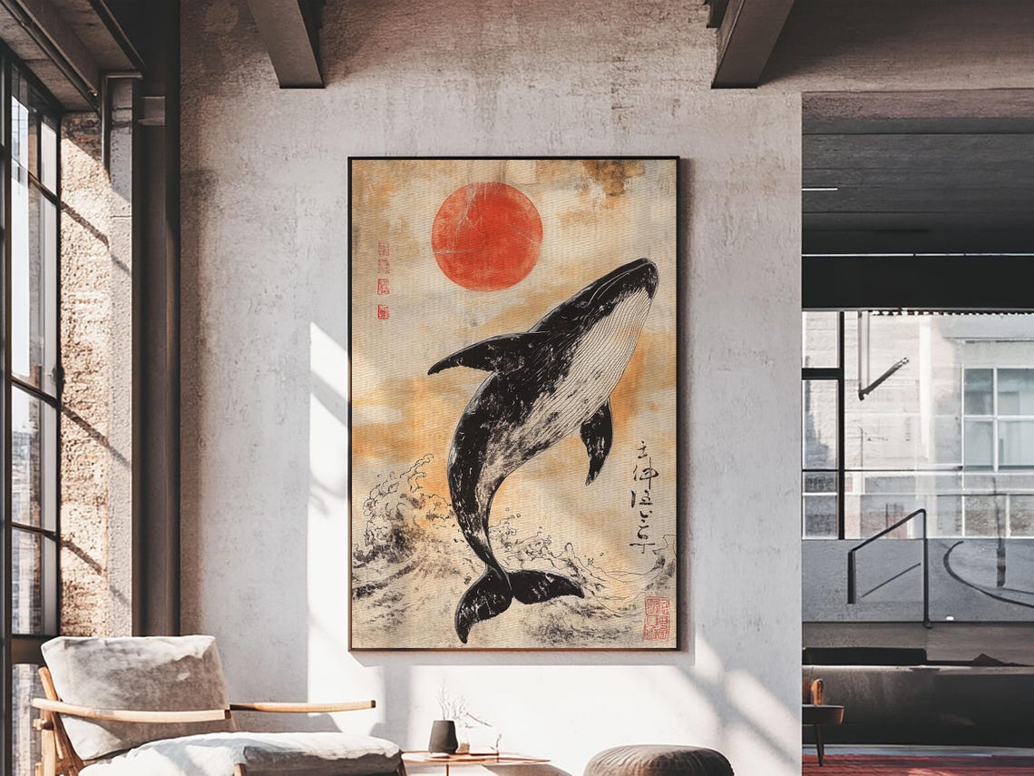 Japanese Ink Whale Under Red Sun Ocean Vintage Style Wall Poster - Image 5