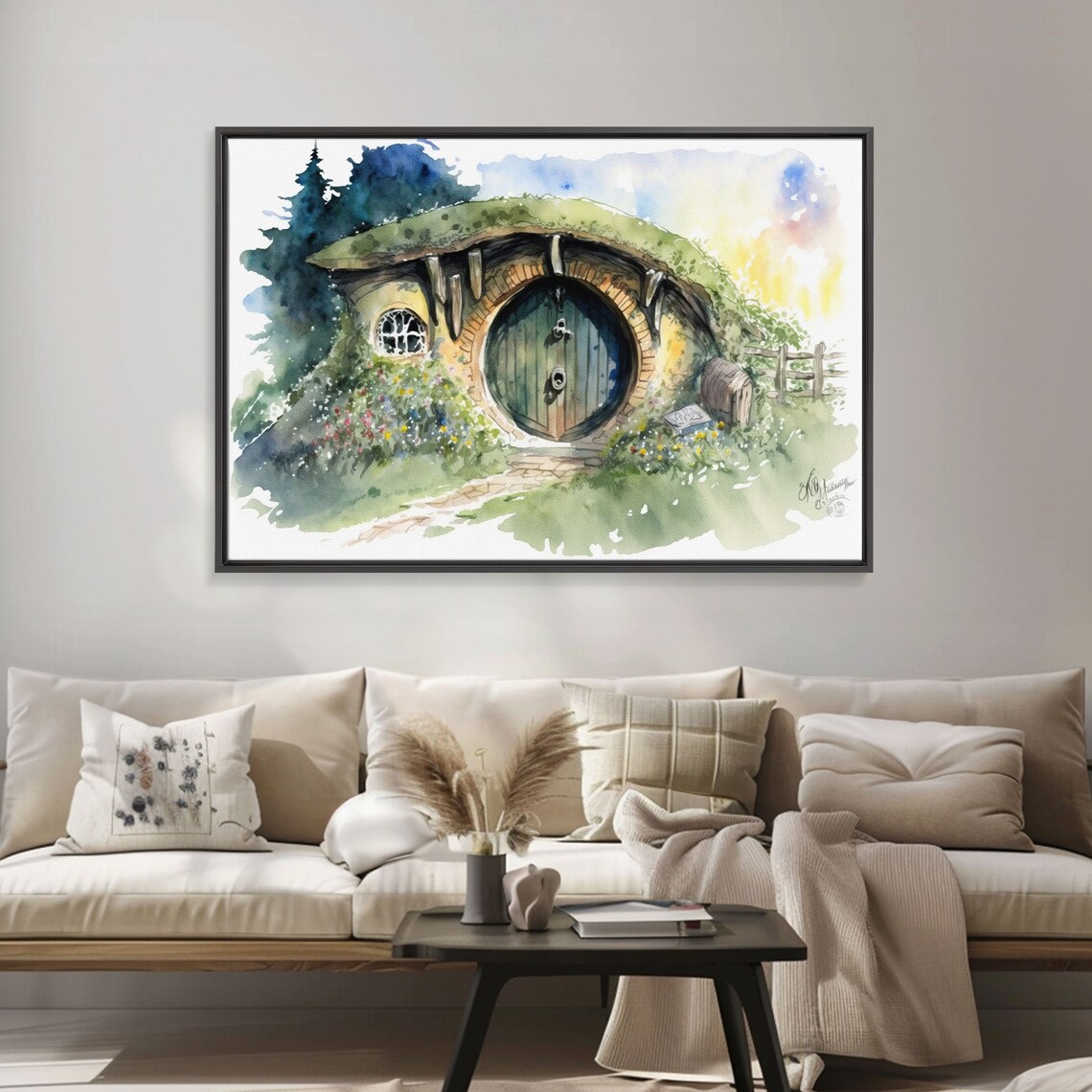 Round Door Hobbit Style Burrow House Watercolor Fantasy Garden Print