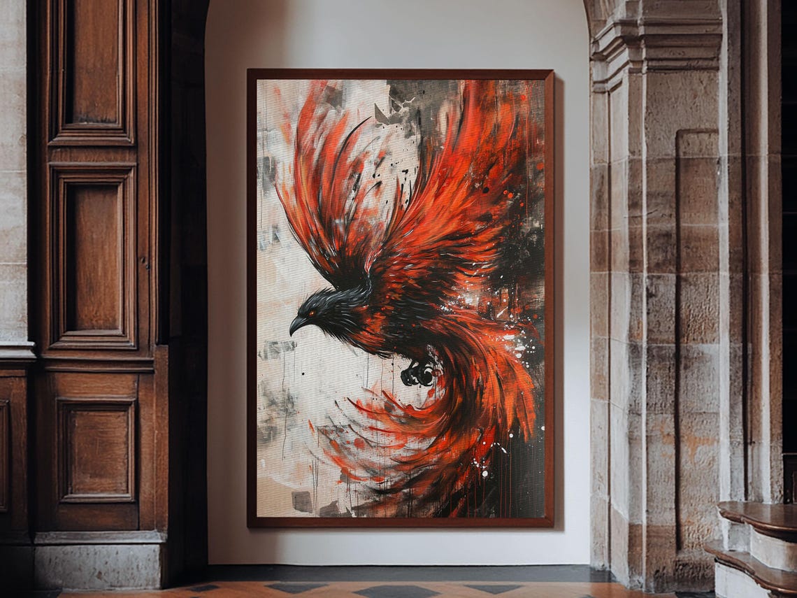 Rising Phoenix Flaming Wings Dramatic Red Black Bird Art Print