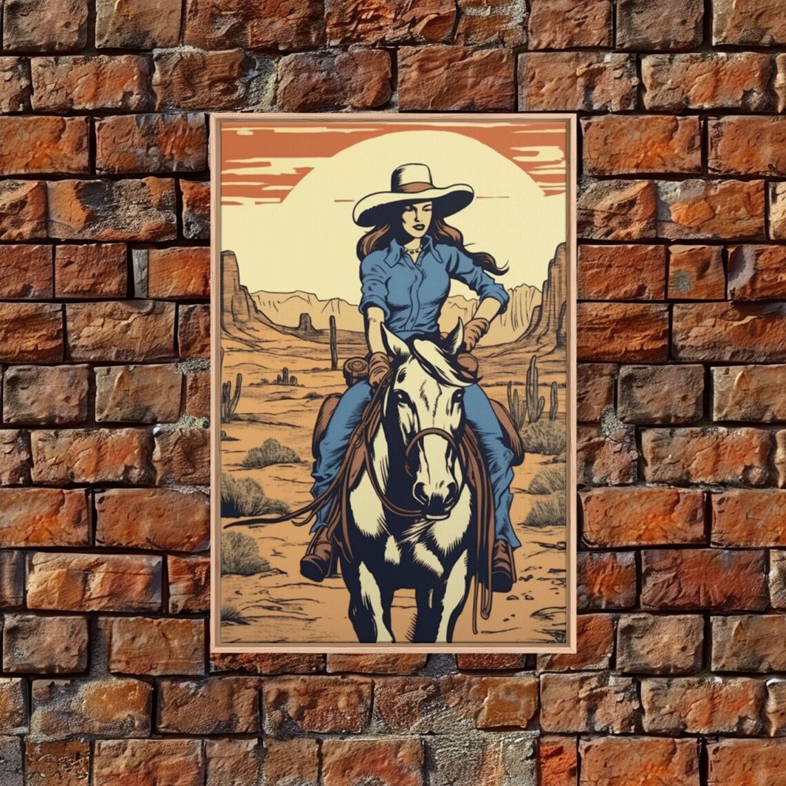 Cowgirl Riding White Horse Desert Canyon Sunset Retro Western Poster