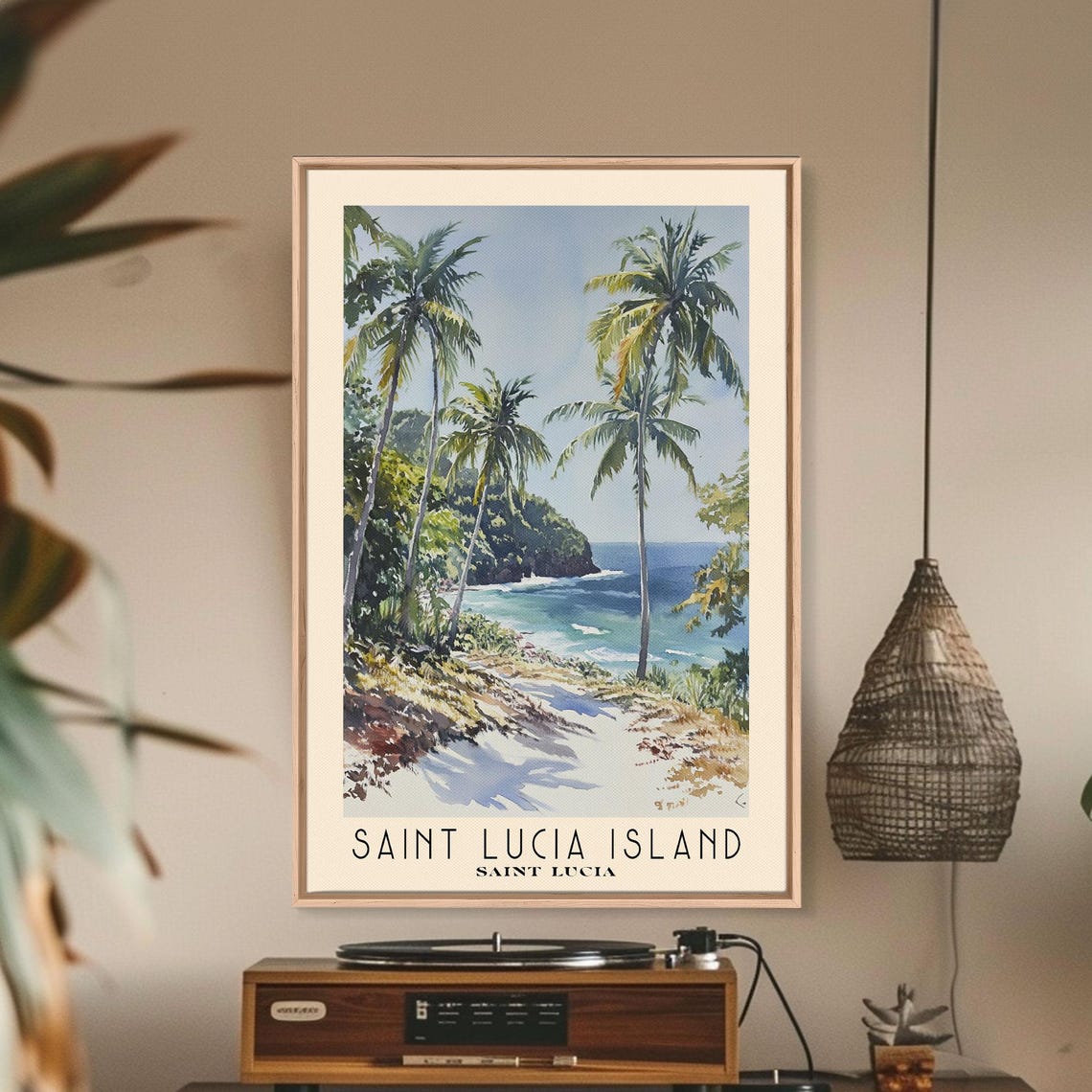 Saint Lucia Island Palm Cove Tropical Beach Watercolor Travel Poster - Image 3