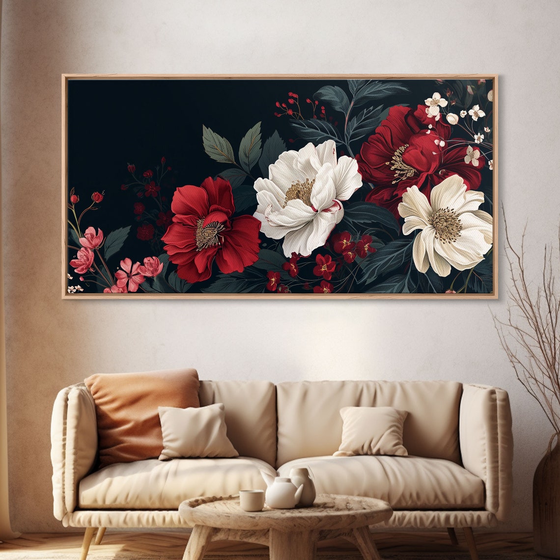 Red White Peony Floral Botanical Painting Black Background Poster - Image 4