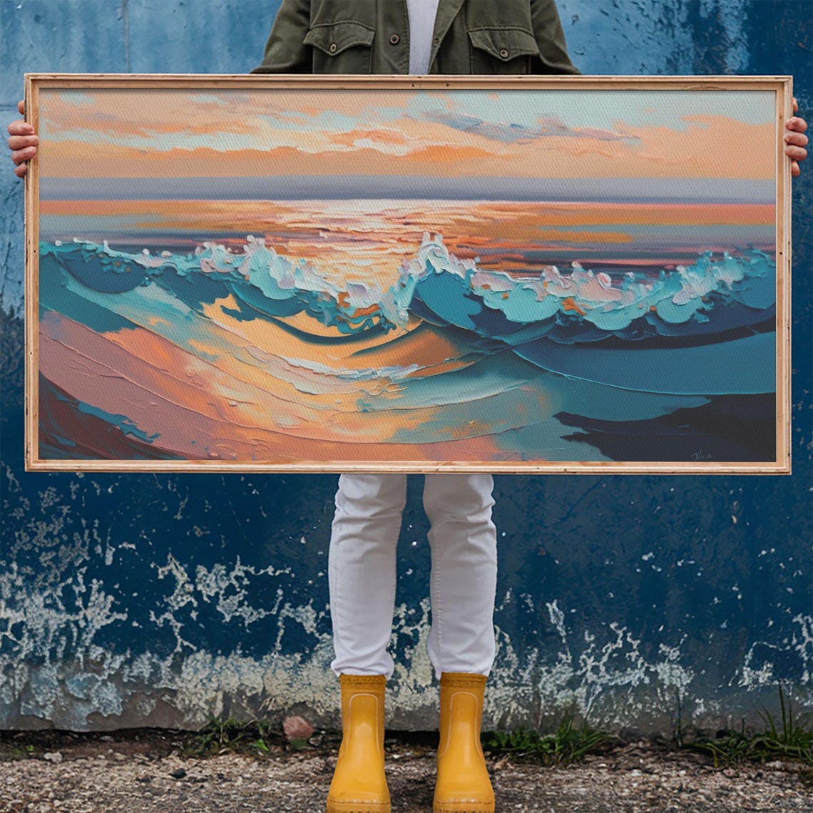 Ocean Sunset Waves Teal Foam Peach Sky Impasto Seascape Wall Poster - Image 6