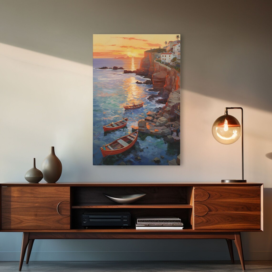 Seaside Cliff Town Fishing Boats Sunset Harbor Painting Art Poster - Image 4