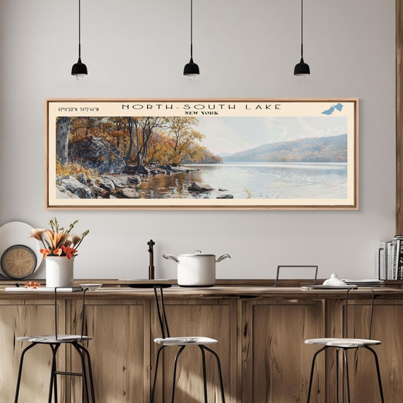 North South Lake New York Framed Print Lake House Decor Panoramic Wall Art Travel Poster Scenic Landscape Painting Cottage Art