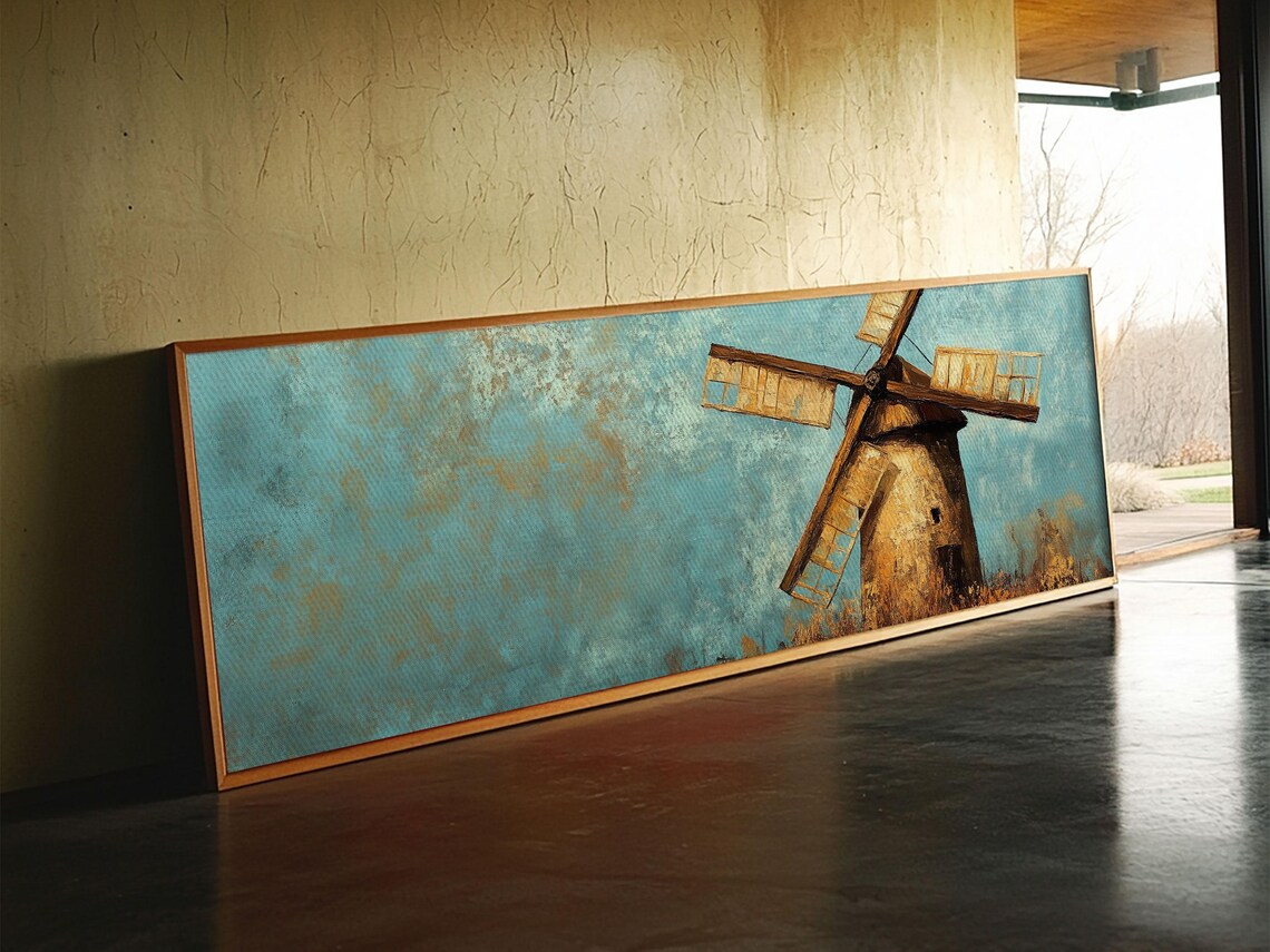 Rustic Stone Windmill Teal Sky Painterly Farmhouse Panoramic Landscape Poster - Image 2