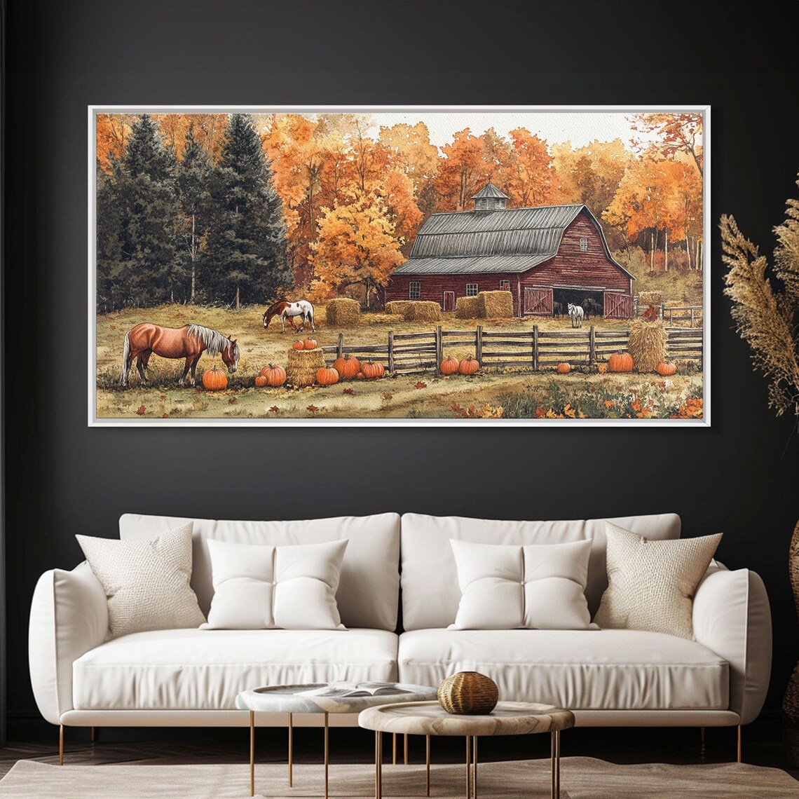 Autumn Barn Pumpkin Horses Rustic Fall Art Print - Image 2