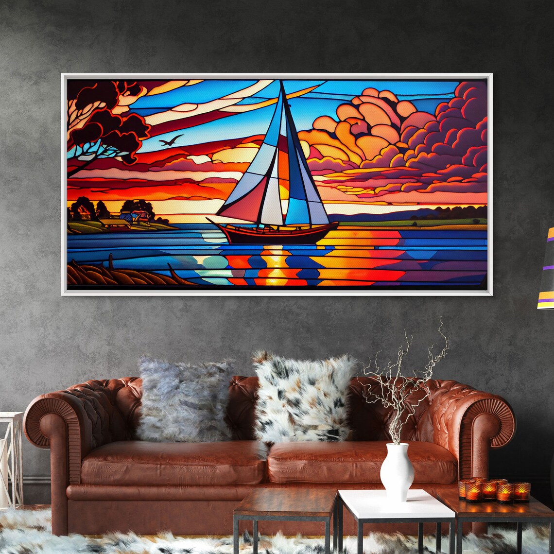 Stained Glass Art Deco Sail Boat, Nautical Art Print