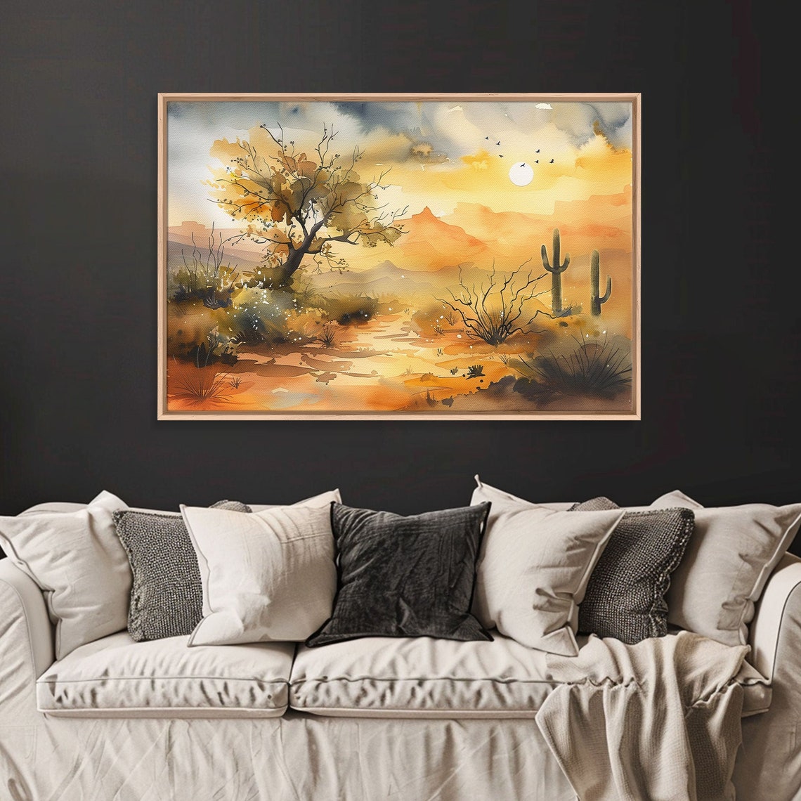 Utah Desert Sunset Watercolor Saguaro Cacti Birds Golden Sky Poster - Image 4