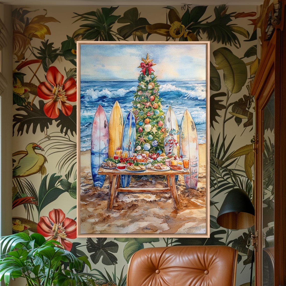 Beach Christmas Tree With Surfboards Holiday Feast Scene Poster - Image 5