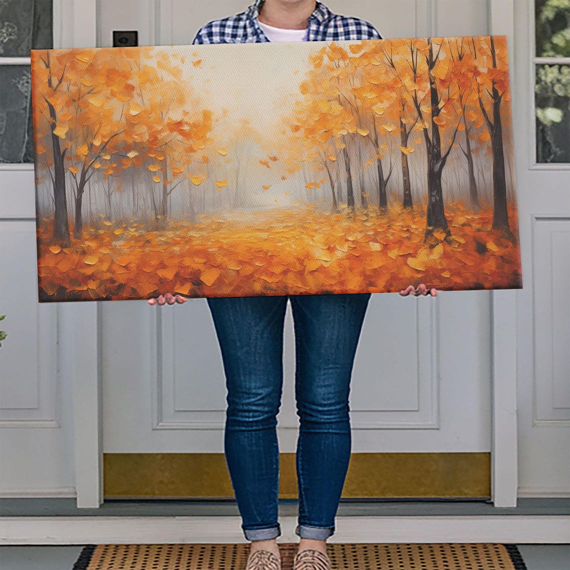 Golden Autumn Forest Falling Leaves Palette Knife Oil Painting Poster - Image 4