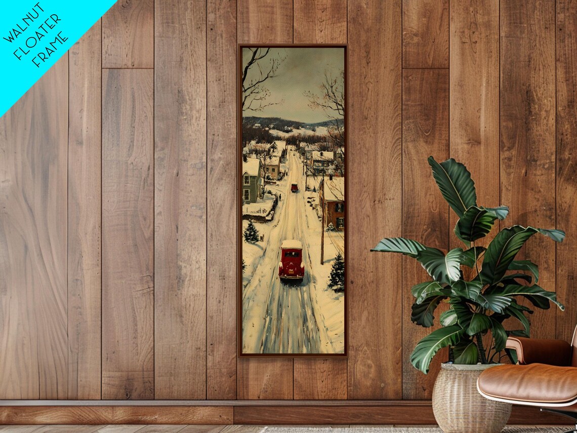 Vintage Red Car Snowy Main Street Winter Wonderland Christmas Poster