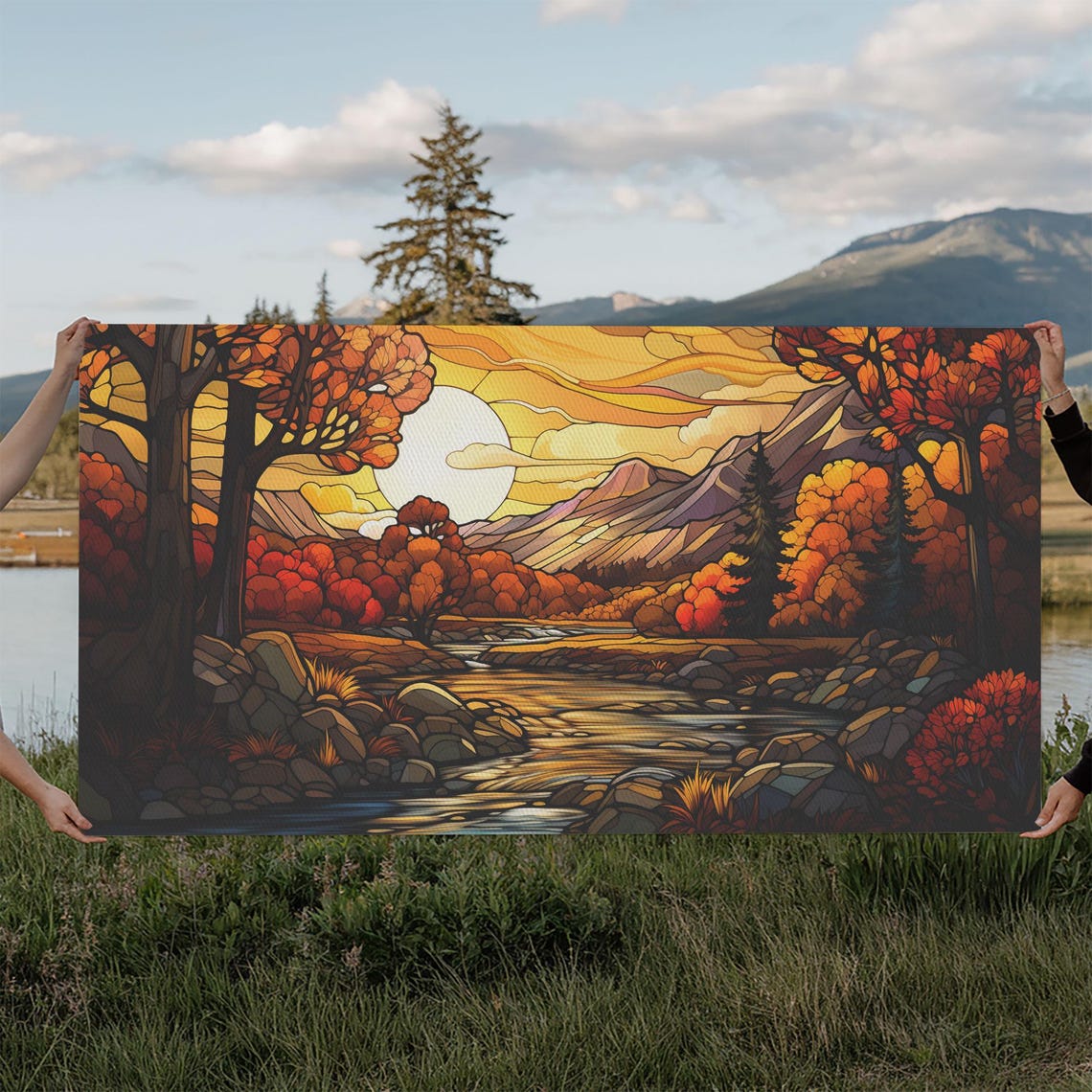 Autumn Fall Stained Glass River Valley Sunset Scenic Art Poster