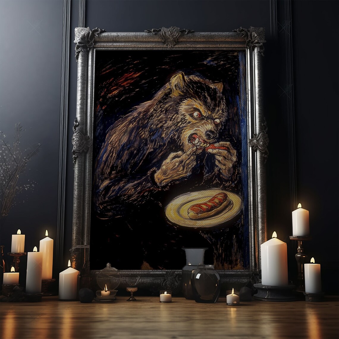 Surreal Dark Werewolf Eating Hot Dog Spooky Painterly Halloween Art Poster - Image 4