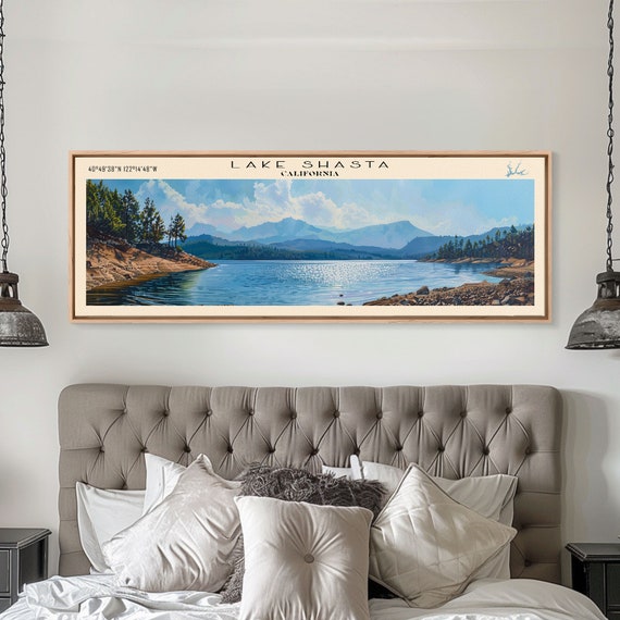 Framed Print Lake House Decor Panoramic Print Lake Shasta Boho Art Beautiful Landscape Travel Poster Art Wall Art Home Decor