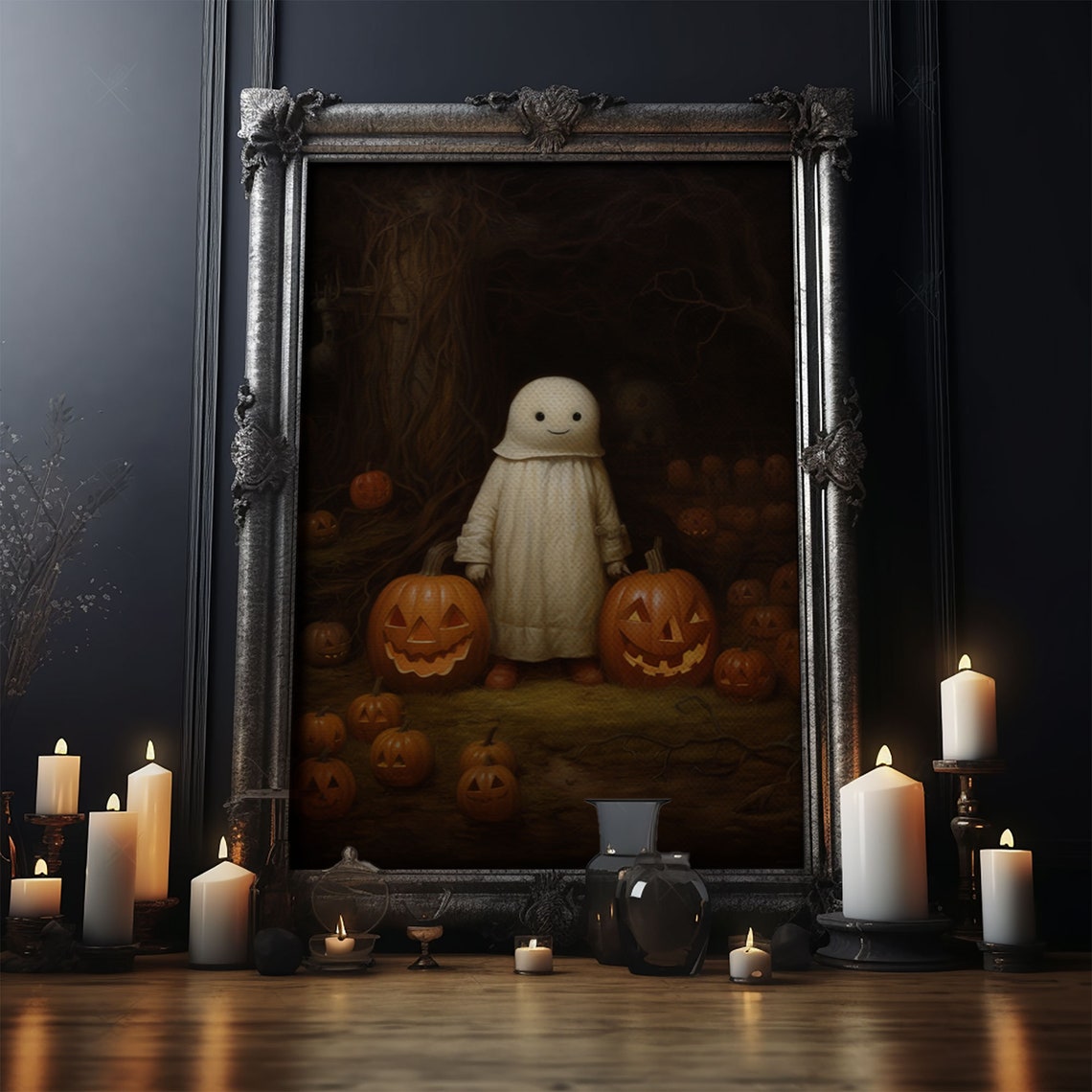 Cute Little Boo Ghost In Pumpkin Patch With Jack O Lanterns Poster - Image 4
