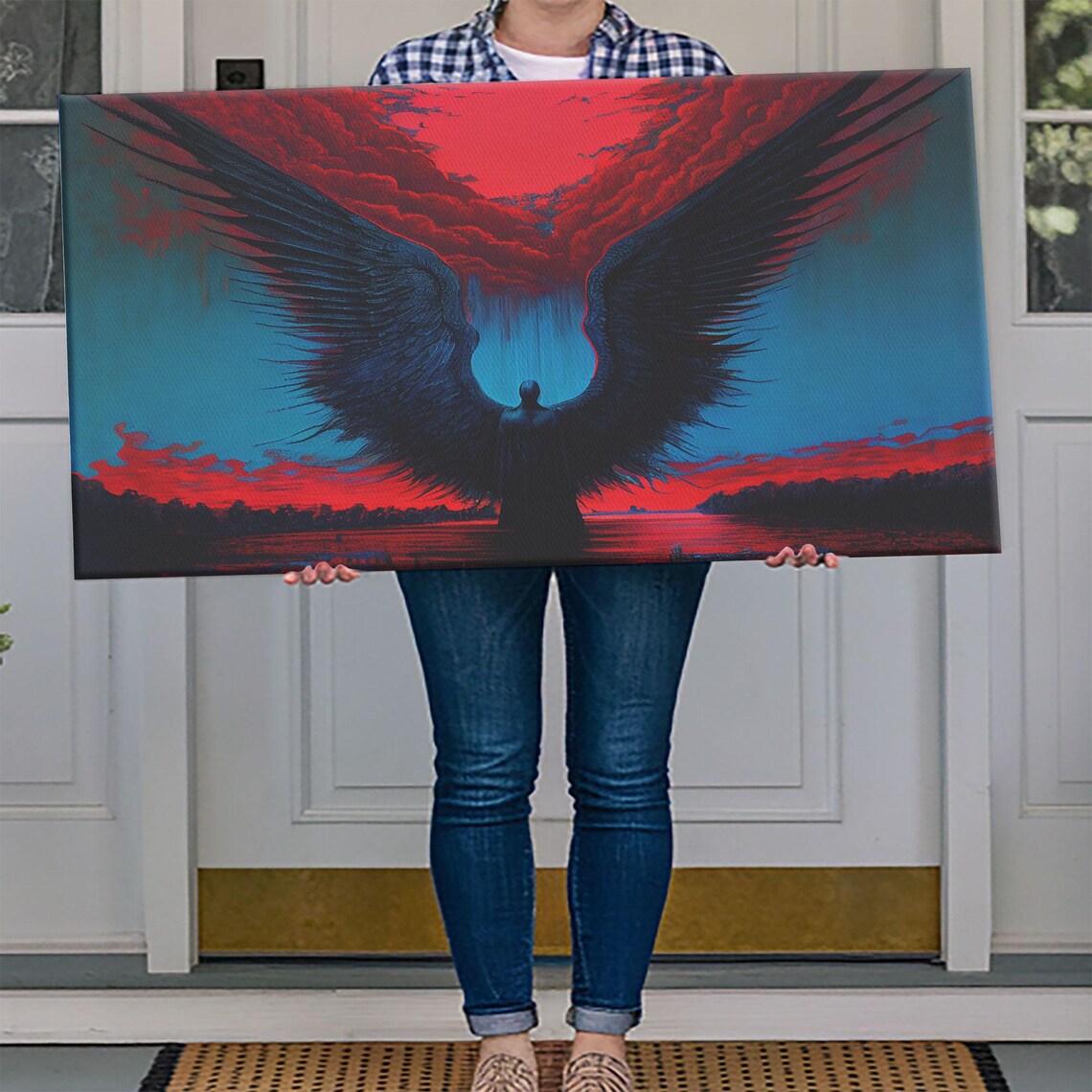 Dark Angel Huge Black Wings Spread Red Stormy Sky Silhouette Wall Poster - Image 4