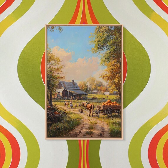 Autumn Farm Harvest Scene With Horse Wagon Pumpkins And Rustic Barn Poster