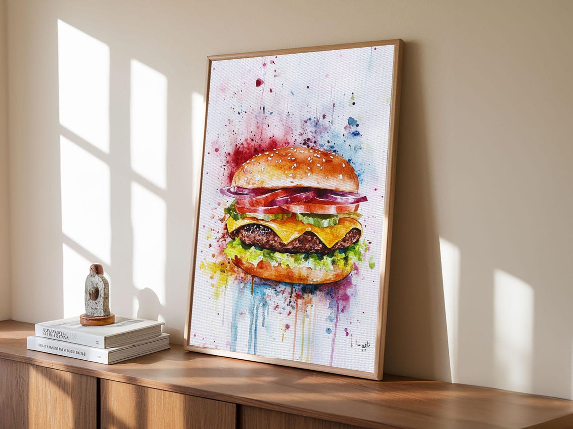 Watercolor Splatter Cheeseburger Colorful Kitchen Food Art Print - Image 6