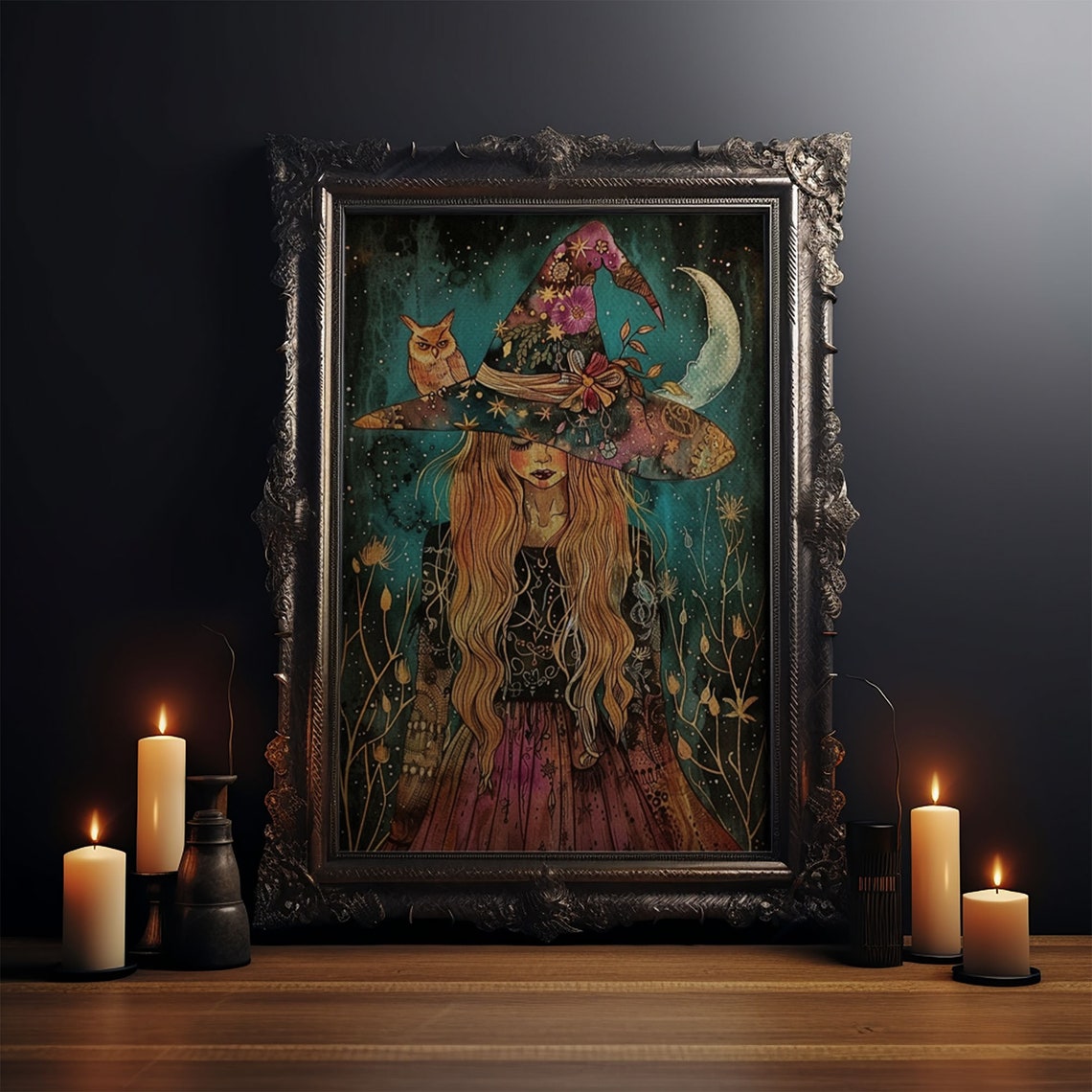Witch Floral Hat Owl Crescent Moon Starry Night Watercolor Poster - Image 4