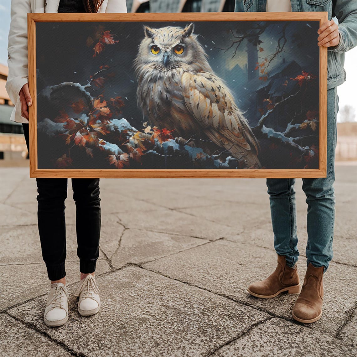 Snowy Winter Owl Portrait Autumn Leaves Falling Snow Wildlife Poster - Image 5