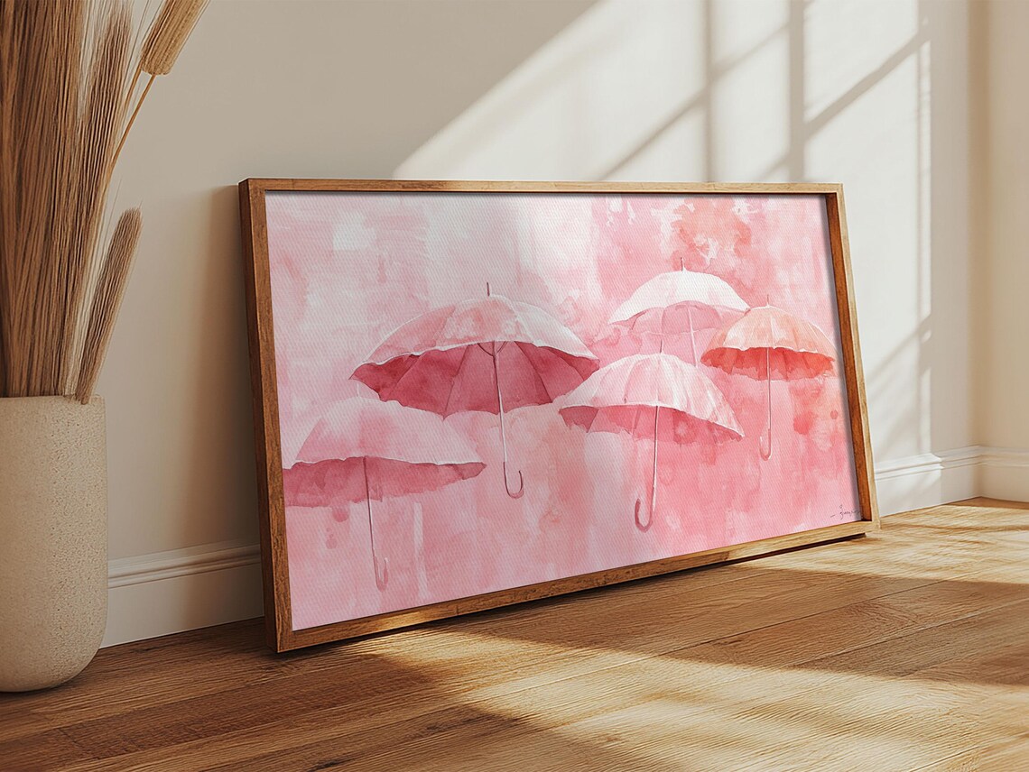 Pink Umbrellas Wide Horizontal Watercolor Rainy Day Whimsical Decor Poster - Image 5