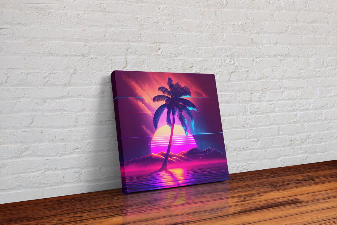 Neon Full Moon, Outrun Style Tropical Art Print - Image 3