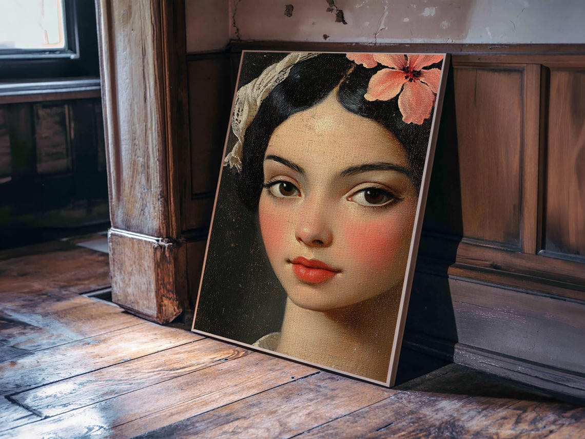 Vintage Mexicana Beauty Portrait Pink Hibiscus Flower Art Print - Image 2
