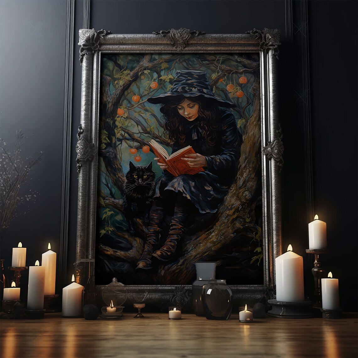 Witch Reading Spell Book In Tree With Black Cat Vintage Halloween Print - Image 4