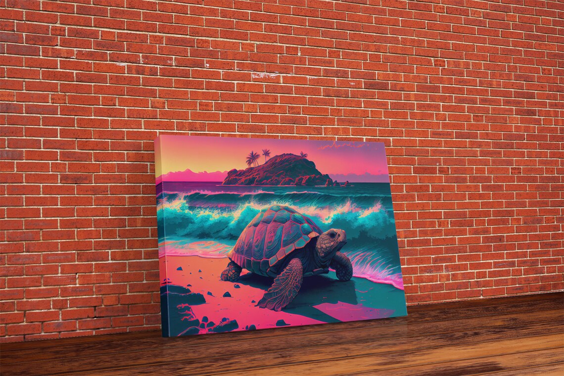 Sea Turtle Fighting the Waves, Synthwave Vaporwave - Image 5
