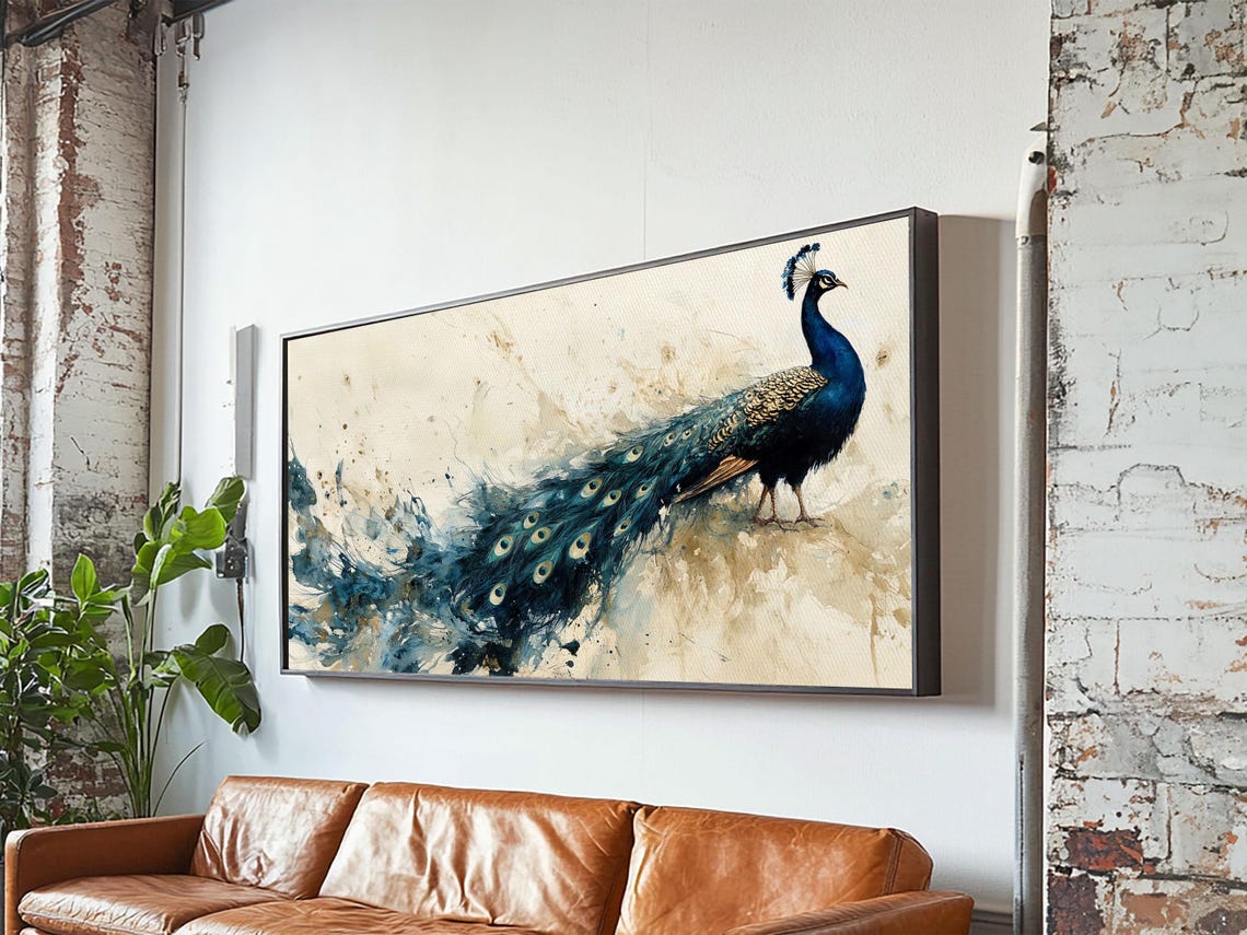 Majestic Peacock Teal Plumage Long Tail Watercolor Wildlife Art Poster