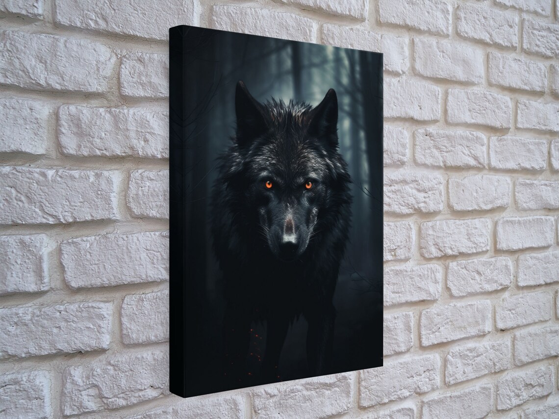 Red Eyed Wolf Print, Black Wolf On The Hunt - Image 5