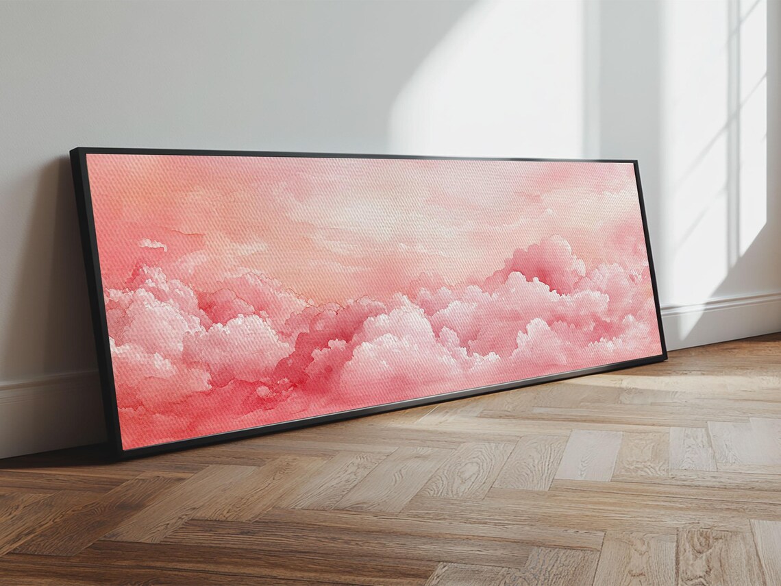 Pink Cloudscape Framed Print Light Pink Wall Art Above Sofa Horizontal Art Moody Sky Coastal Decor Gift Idea For Her Bedroom Art - Image 3