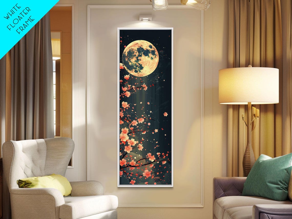 Full Moon Cherry Blossoms Starry Night Dark Floral Art Print