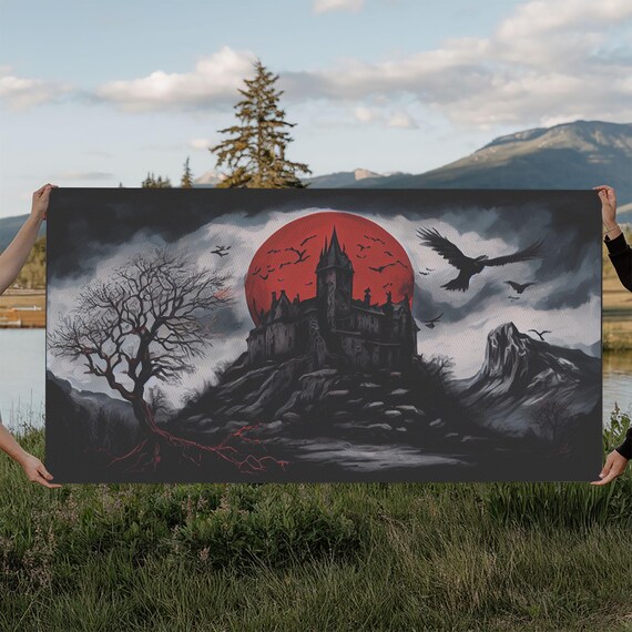 Haunted Castle Blood Moon Crows Dead Tree Gothic Horror Dark Poster