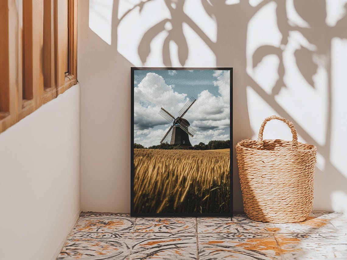 Wheat Field Windmill Framed Print Rustic Farmhouse Artwork Windmill Wall Art Minimalist Landscape Wall Decor Living Room Art - Image 4