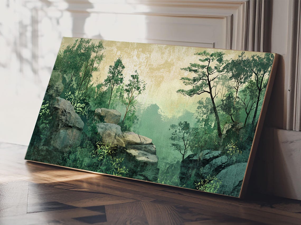 Misty Green Forest Rocks Serene Woodland Vintage Landscape Poster - Image 5